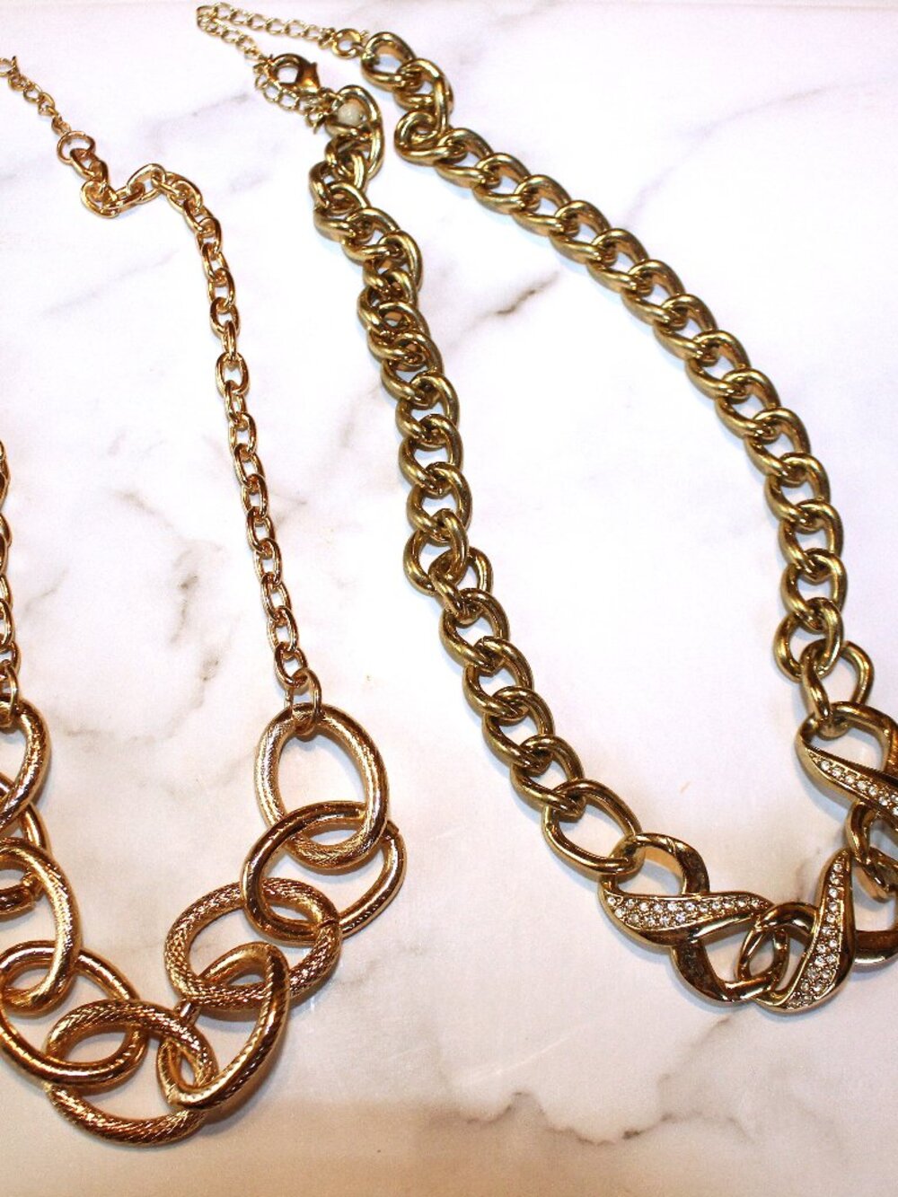 Lot of 2 Chunky Gold-Tone Statement Link Necklaces - Textured & Rhinestone Glam